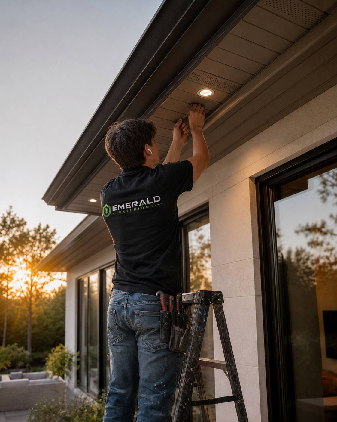 Professional installer mounting permanent exterior lighting