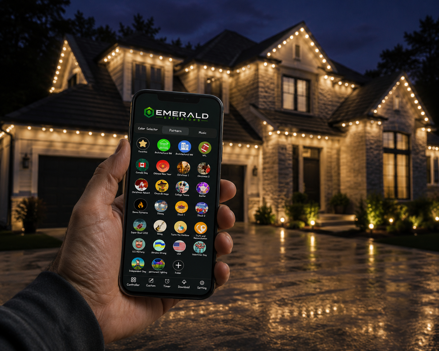 Smartphone app controlling permanent exterior LED lighting in front of a home